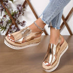 Close-up detail of metallic faux leather upper with cut-out design pattern