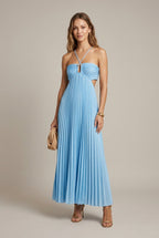 Women's pleated halter maxi dress with cut-out bust detail, front view