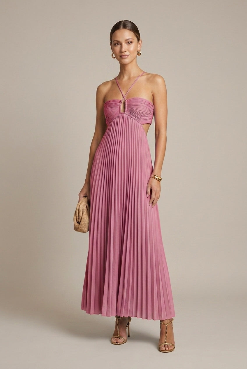 Detail of ruched empire waist and pleated skirt texture
