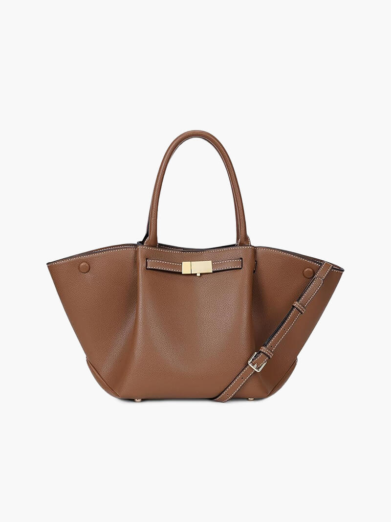 Tan brown leather tote bag with gold clasp, front view