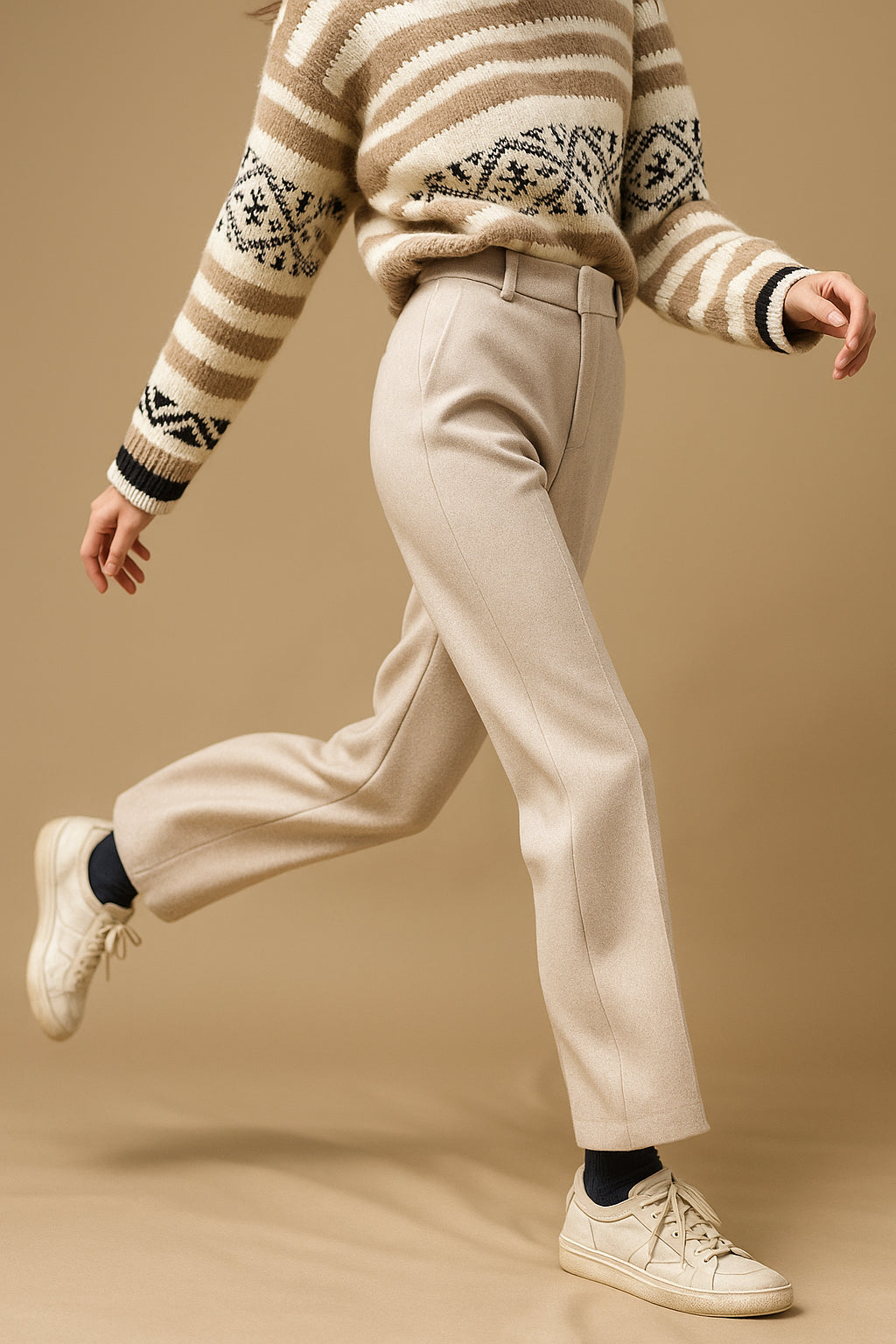 Model in office setting wearing formal styling