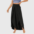 High waist detail on teal wide leg trousers