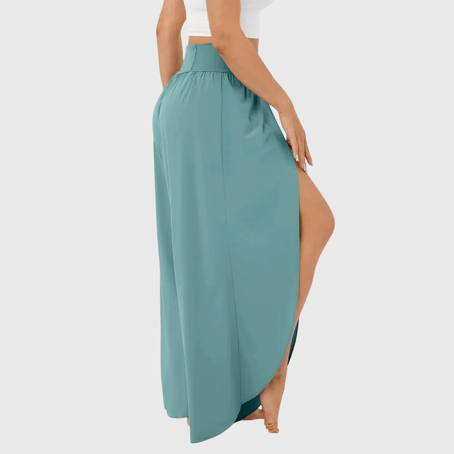 Women's Teal Wide Leg Split Hem Trousers with High Waist