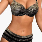 Rear view of tropical print two-piece swimsuit