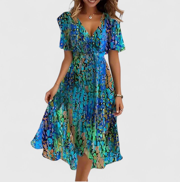 Woman wearing floral V-neck flutter sleeve mini dress, front view