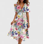 Woman posing in dress showing movement of flowing hem