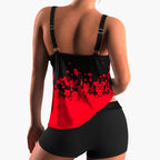 Woman in tankini swimsuit standing from side, showing square neck detail