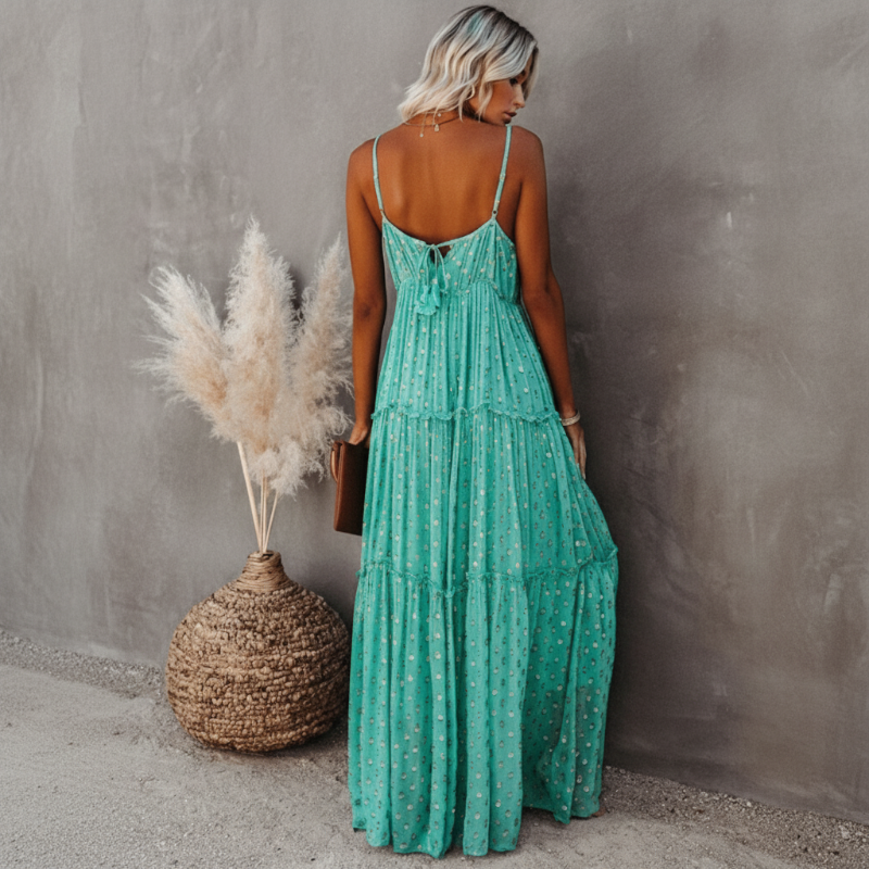 Back view showing spaghetti straps and tiered skirt detail