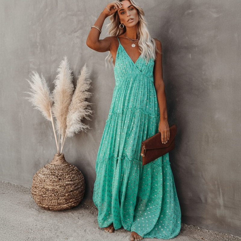 Front view of turquoise polka dot tiered maxi dress with V-neckline
