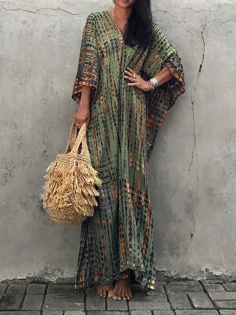 Back view of caftan dress on model