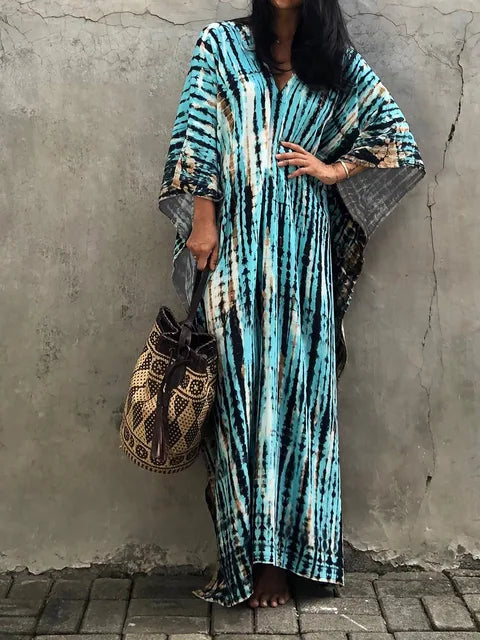 V-neckline and shoulder detail of tie dye caftan