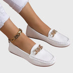 Cushioned insole detail of white chain loafer