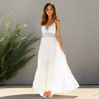 White lace trim maxi dress with V-neckline displayed on flat lay