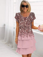 Front view of floral print midi dress showing tiered ruffle detail
