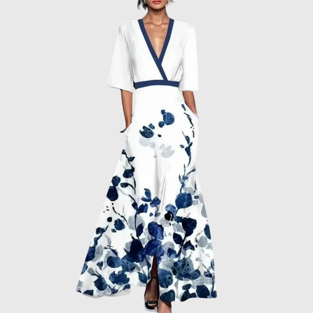Women's floral maxi dress with V-neckline and kimono sleeves, front view