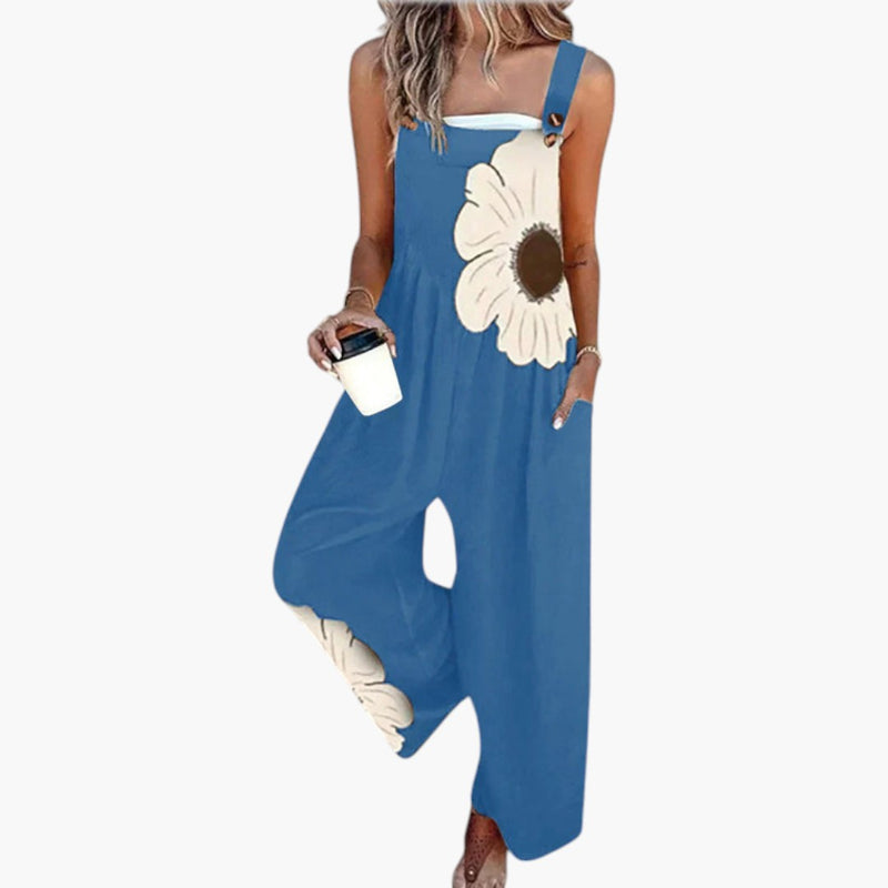 Side view of jumpsuit highlighting wide leg cut and drape