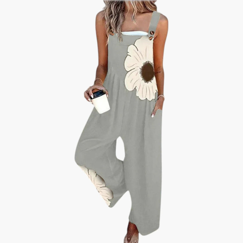 Back view of jumpsuit showing square neckline and strap design