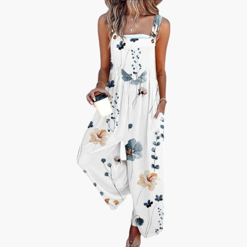 Women's floral printed wide leg jumpsuit with adjustable shoulder straps, front view