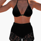 Model wearing white lace bikini set, side pose showing halter strap detail