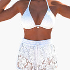 White lace triangle bikini set with matching high-waisted shorts, front view