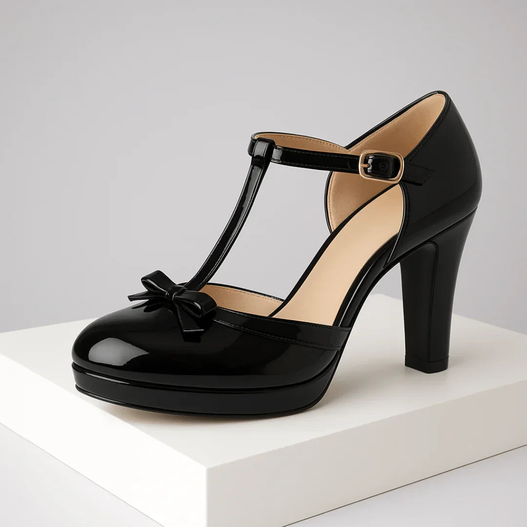 Side profile of white block heel shoe showing silhouette