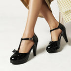 Overhead view of T-strap heel with buckle fastening