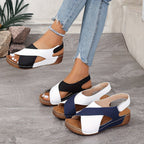 Women's two-tone wedge sandals, front and side view