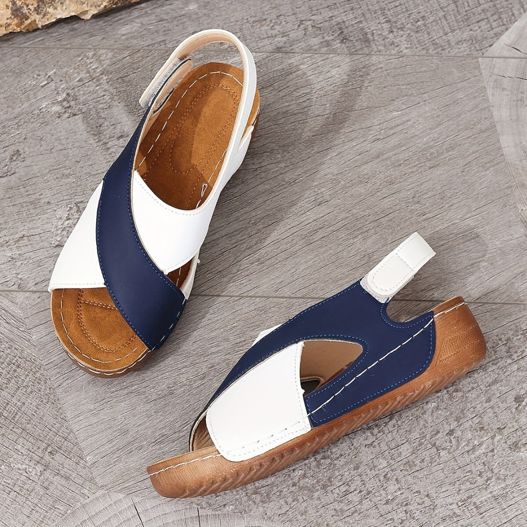 Back view of two-tone wedge sandal heel and sole