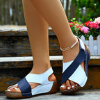 Woman wearing two-tone wedge sandals, standing pose