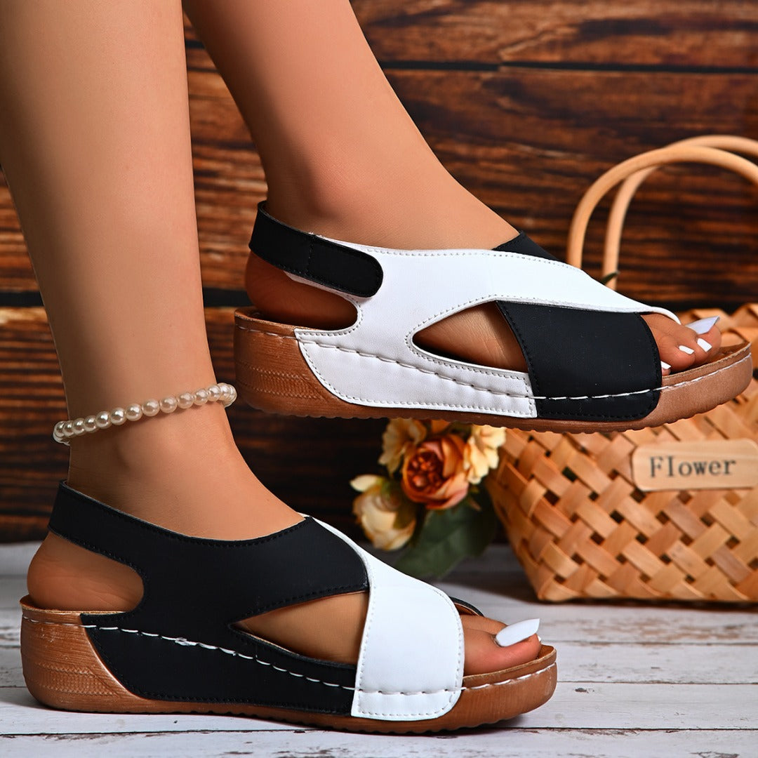 Two-tone wedge sandal detail, colour-blocked upper