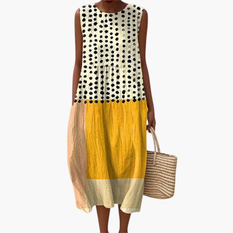Women's Yellow Polka Dot Sleeveless Block Midi Dress