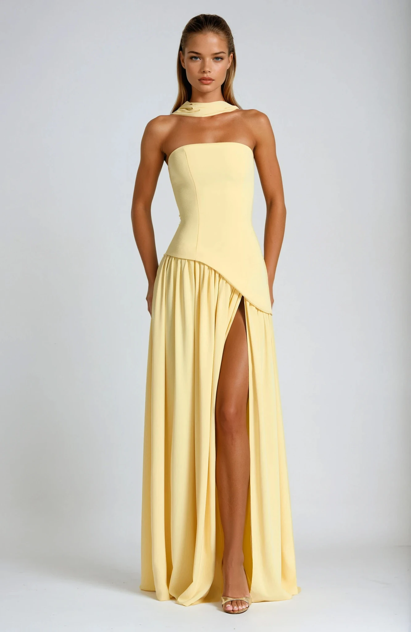 Woman wearing strapless high slit maxi dress, full-length front view