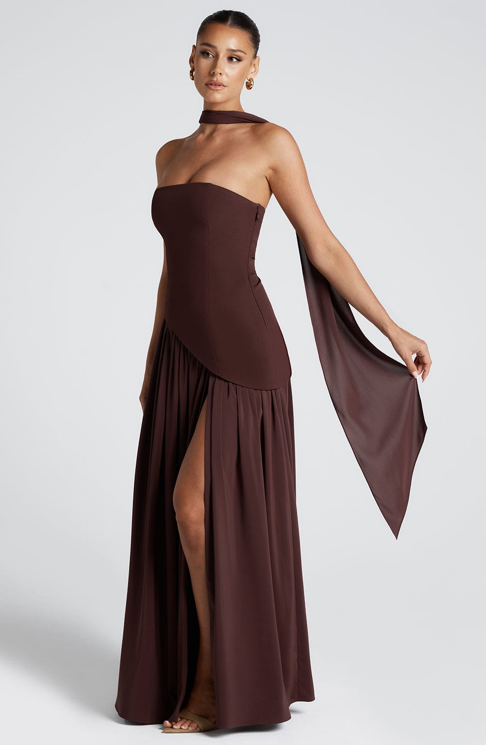 Detail view of fitted bodice and strapless neckline